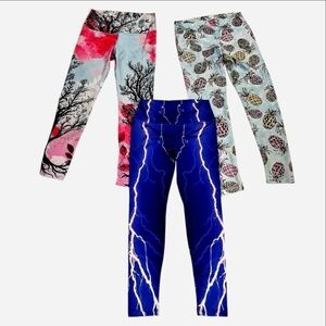 Om Shanti Bundle Leggings 3 Pairs Lightning Pineapples Trees Floral Blue Pink M